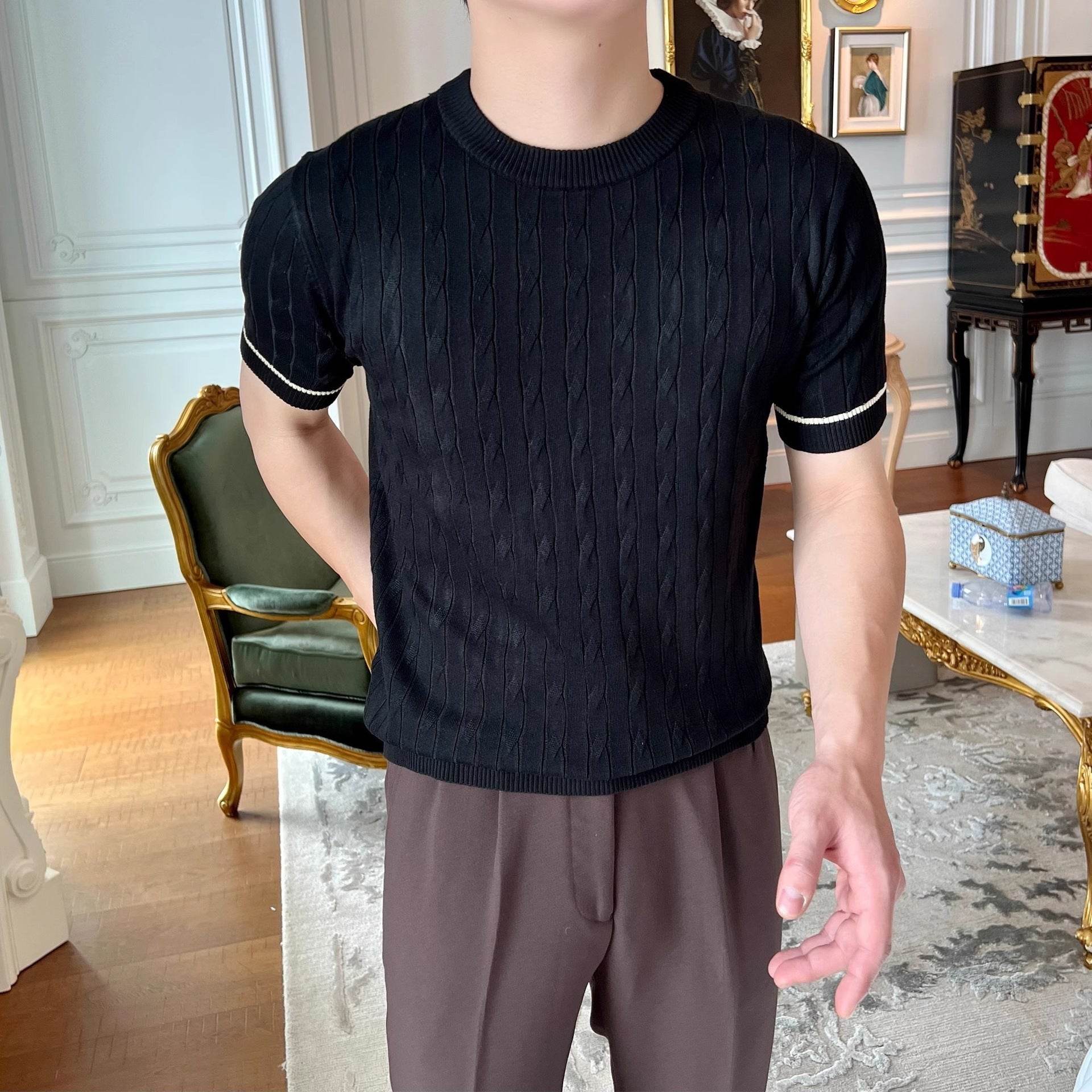 Men's Khaki/Black Striped Cotton T-Shirt - Stylish Round Neck Tee - Buy Center