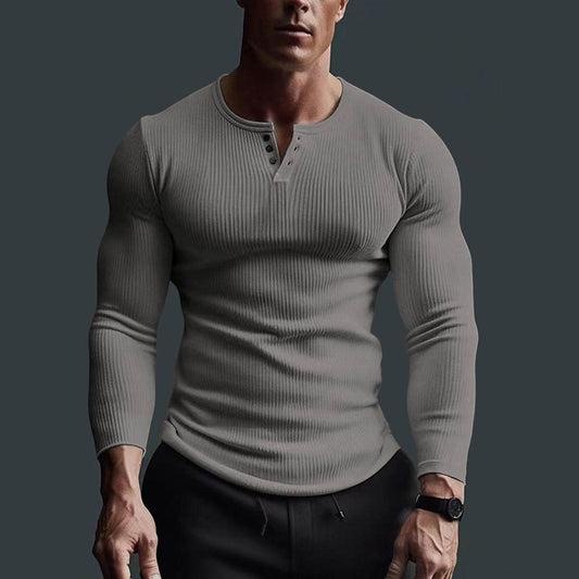 Buycenter Men's Long Sleeve Top - High Elastic Striped Pullover Shirt - Buy Center