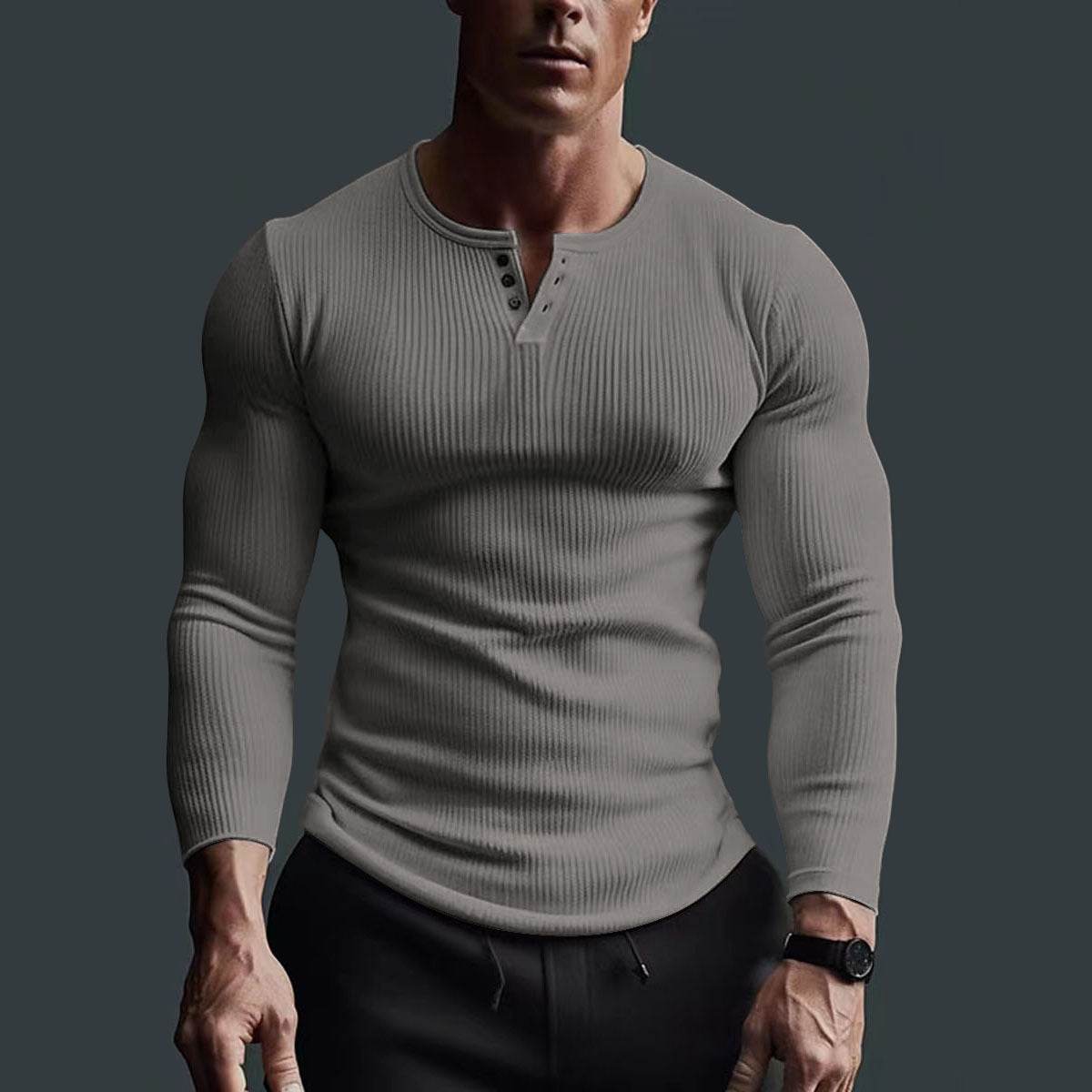 Buycenter Men's Long Sleeve Top - High Elastic Striped Pullover Shirt - Buy Center