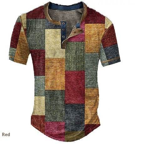 Men's Waffle Henley Shirt - Trendy Graphic Plaid Color Block Style - Buy Center