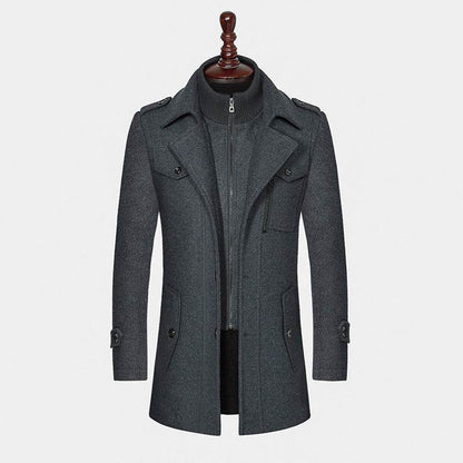 Stylish Men's Woolen Coat - Double Collar Zipper Jacket for Winter 2025 - Buy Center