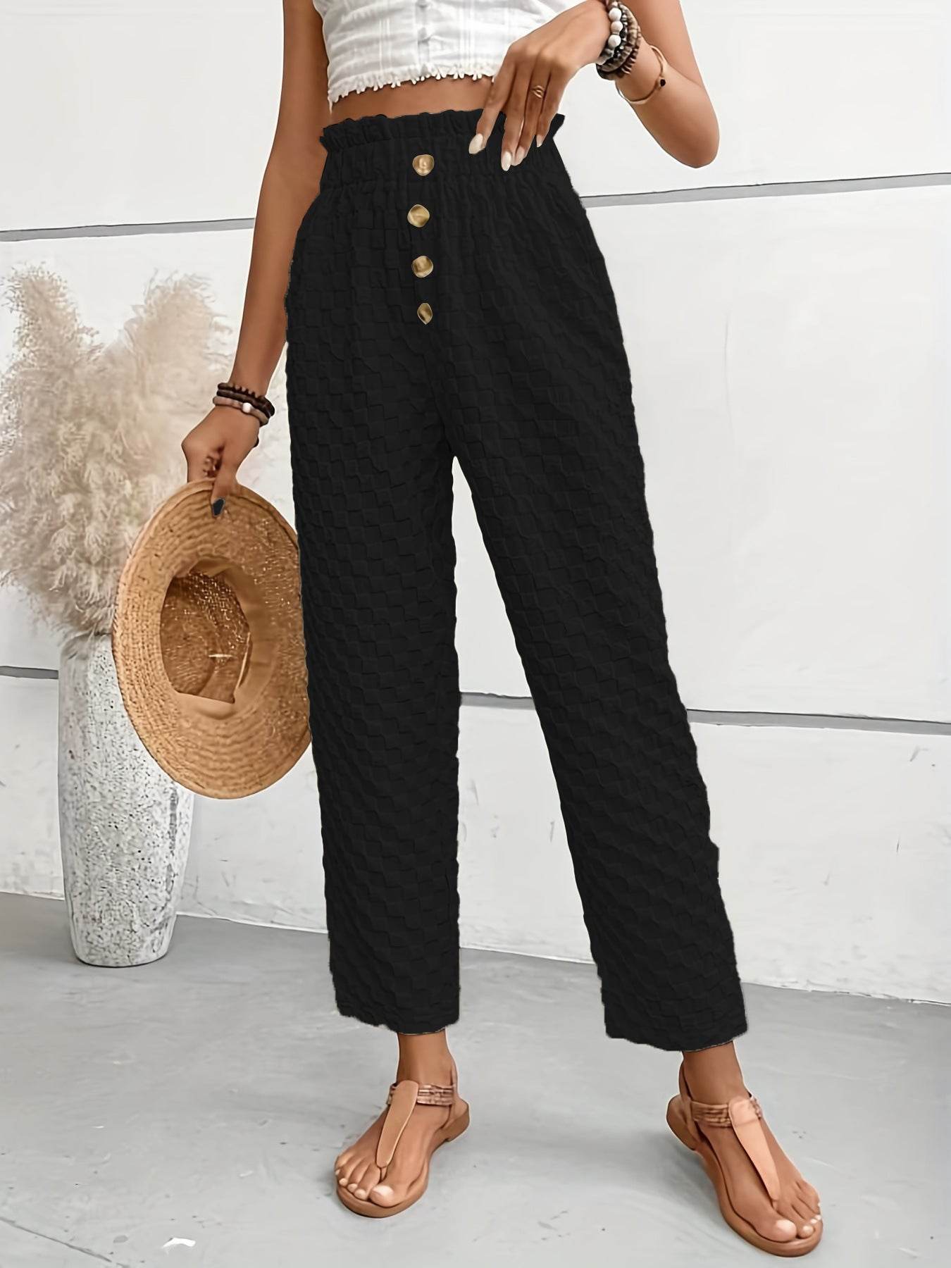 Women's Slim Fit Wide Leg Trousers - Trendy Buttoned Street Style - Buy Center