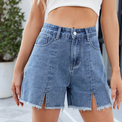 Buycenter Women's Washed Denim Shorts - Frayed Hem, Mid Waist Style - Buy Center