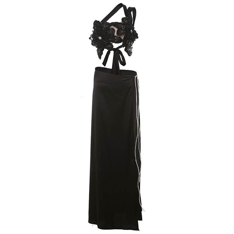 Backless Sequined Lace-up Top & Long Skirt Suit - Stylish Polyester Set - Buy Center