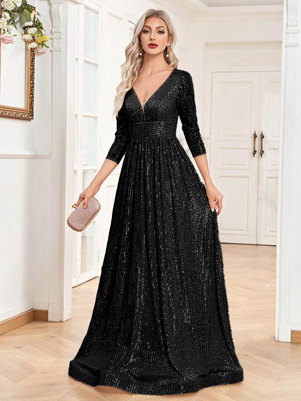 Buycenter V-neck Sequined Party Dress - High Waist, Elegant Evening Style - Buy Center