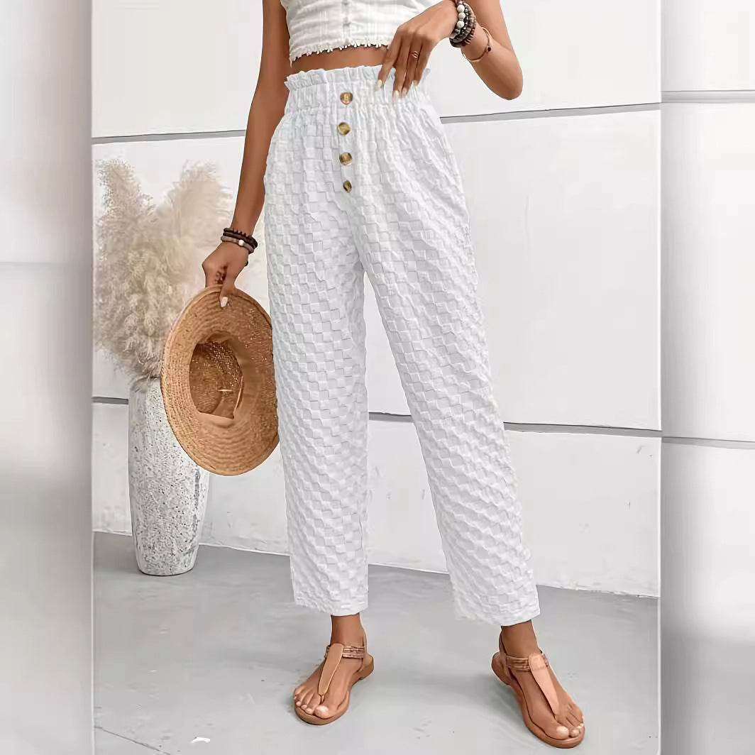 Women's Slim Fit Wide Leg Trousers - Trendy Buttoned Street Style - Buy Center