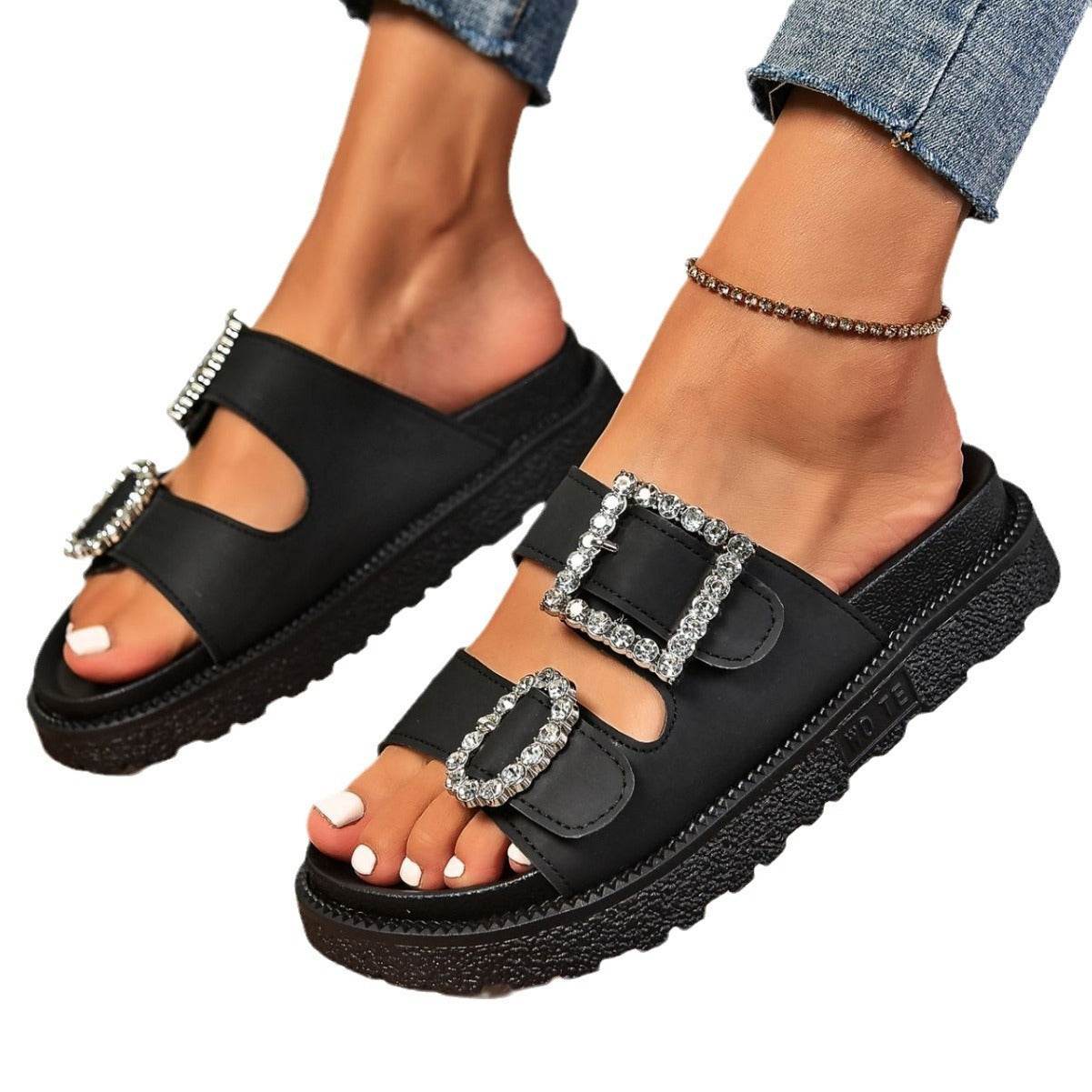 Fashion Rhinestone Belt Buckle Platform Sandals - Stylish Women’s Slippers - Buy Center
