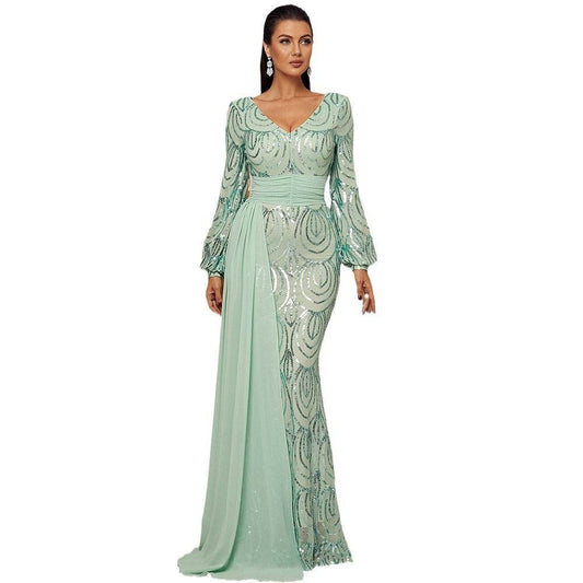 Elegant Long Sleeve Sequined V-Neck Dress - Perfect for Formal Events - Buy Center