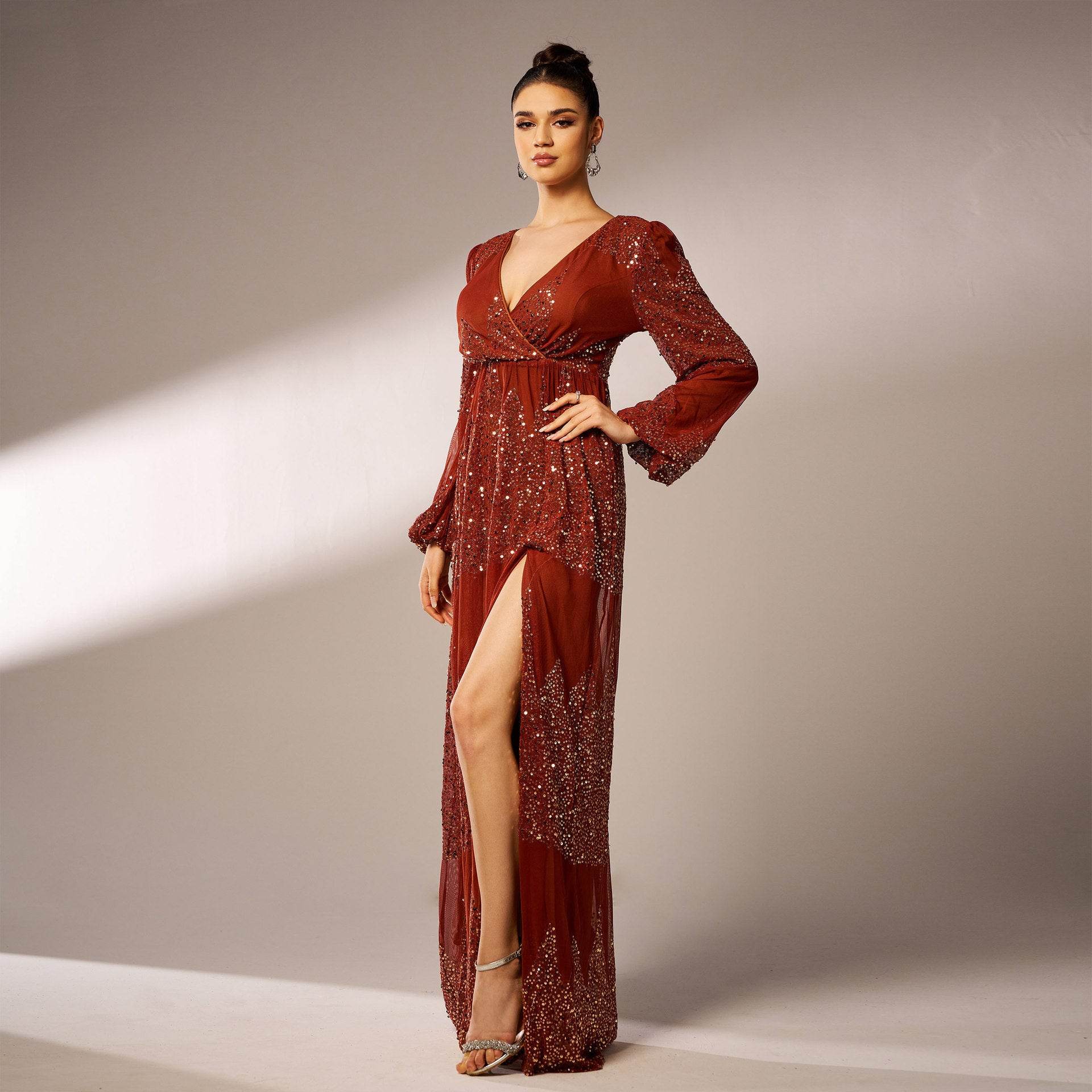 Elegant Long Sleeve V-Neck Sequined Evening Dress - Stylish for Special Occasions - Buy Center