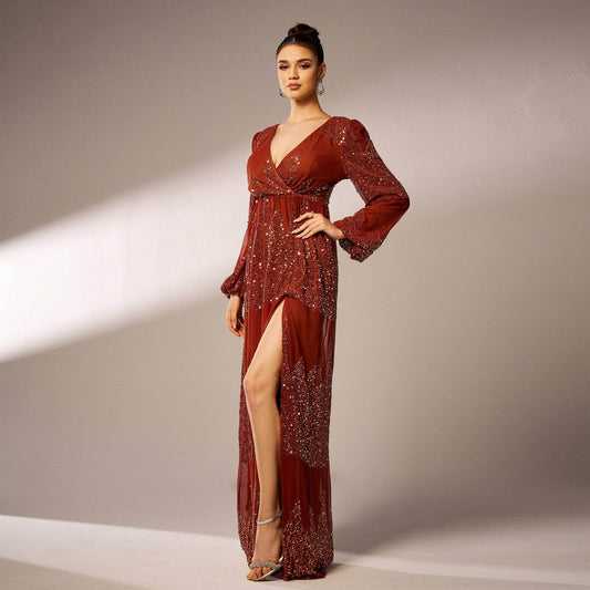 Elegant Long Sleeve V-Neck Sequined Evening Dress - Stylish for Special Occasions - Buy Center
