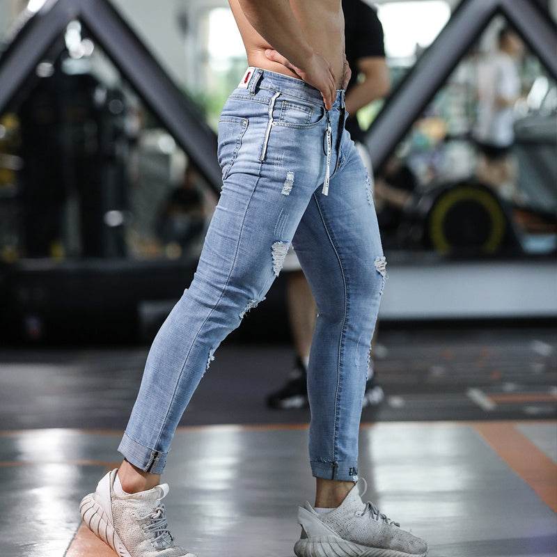 Men's Slim Ripped Jeans - Casual Breathable Denim Pants in Blue - Buy Center