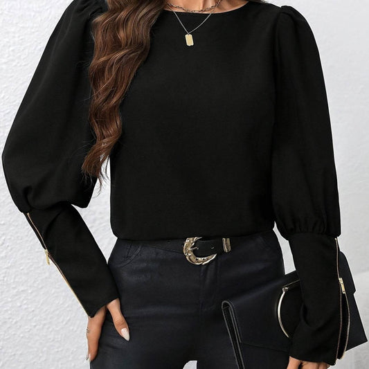 Women's Black Polo Collar Long Sleeve Zip Top - Trendy Blazer 2025 - Buy Center