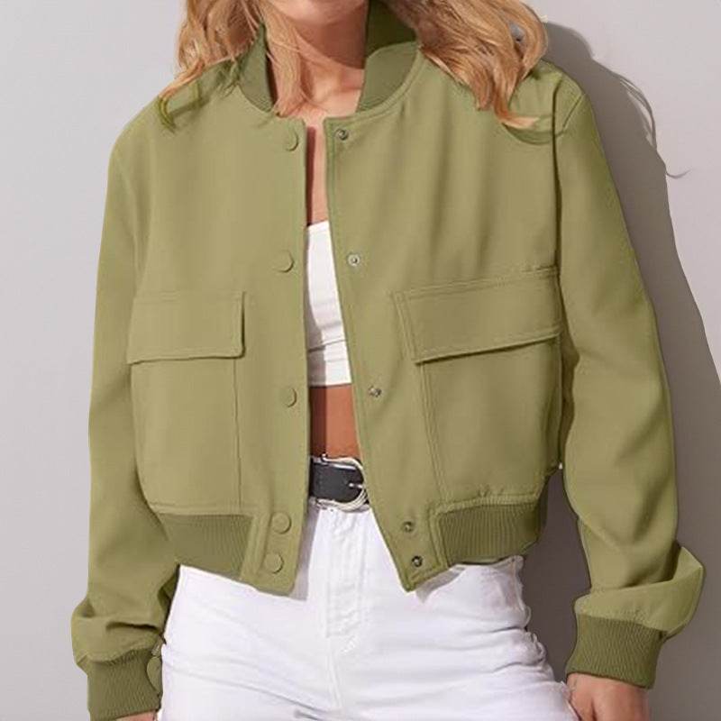 Buycenter Women's Jacket Coat - Stand Collar, Large Pocket, Short Length - Buy Center