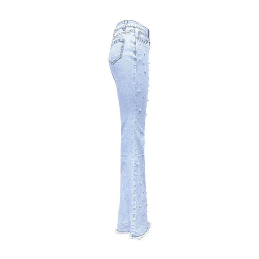 Trendy High Waist Pearl Jeans - Stretch Denim for Modern Women - Buy Center