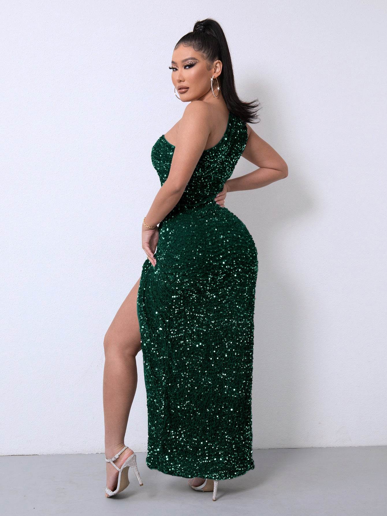 Buycenter Women's Sleeveless One Shoulder Dress - Sequins & Gorgeous Slit - Buy Center