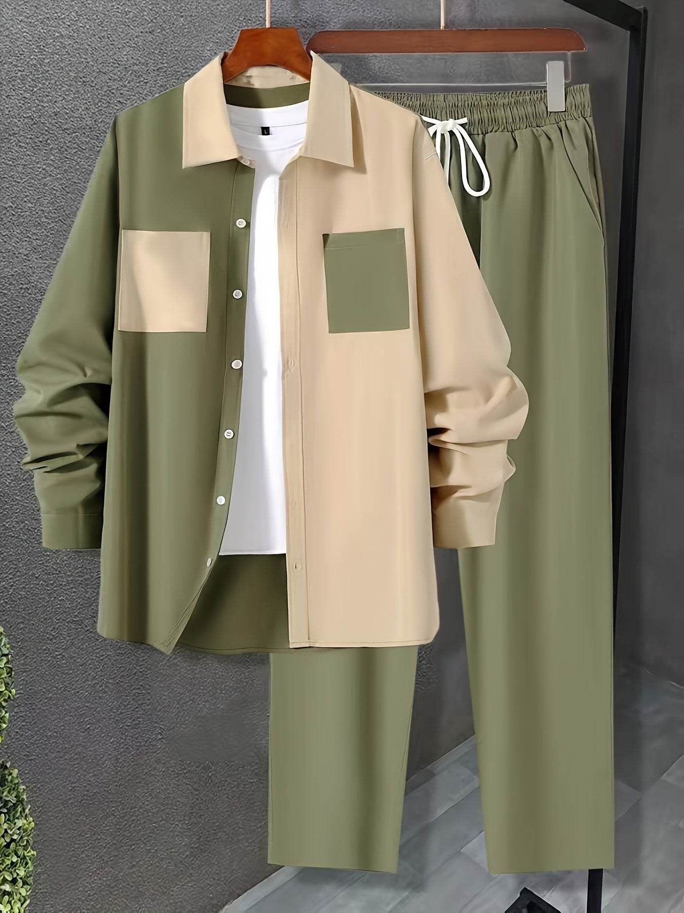 Buycenter Men's Casual Army Green Shirt Pants Suit - Short Sleeve Style - Buy Center