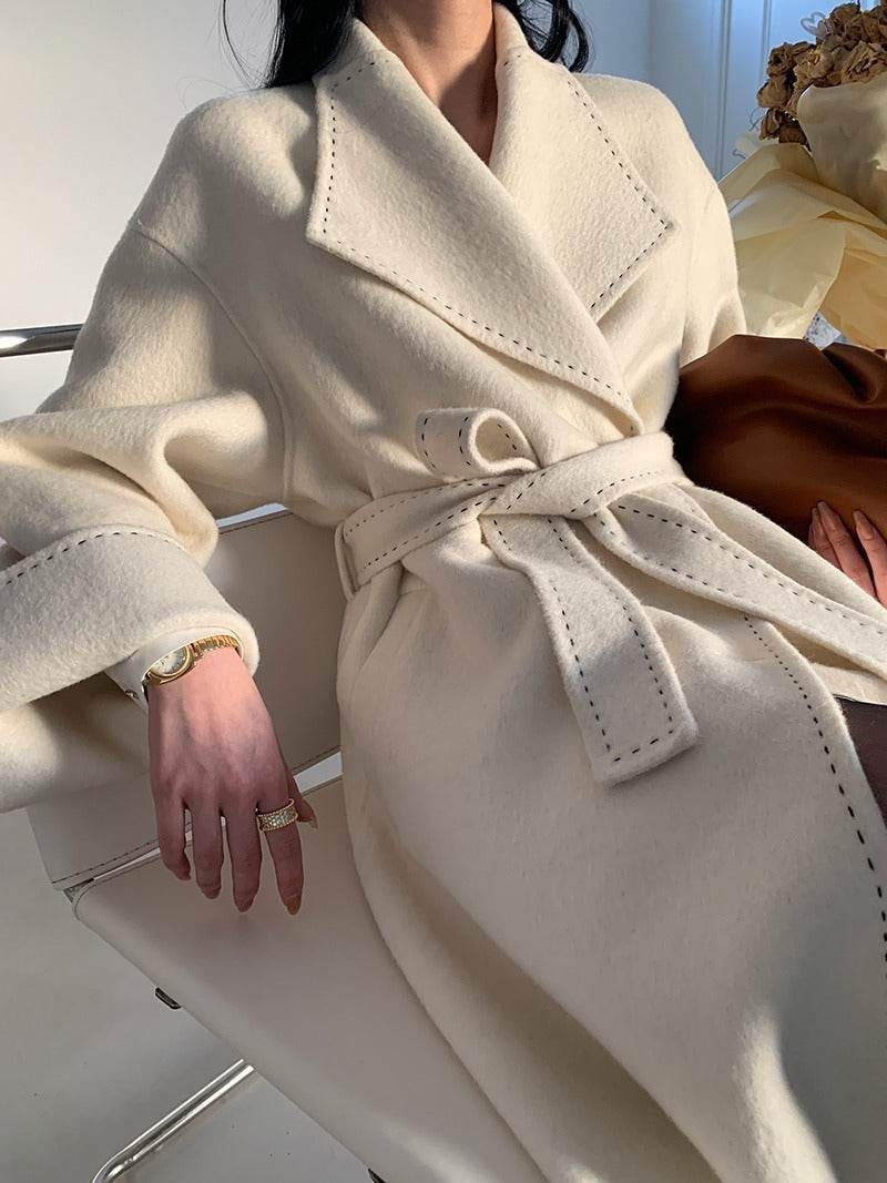 Buycenter Double-faced Woolen Overcoat - Long Fur Lapel, Lace-up Style - Buy Center
