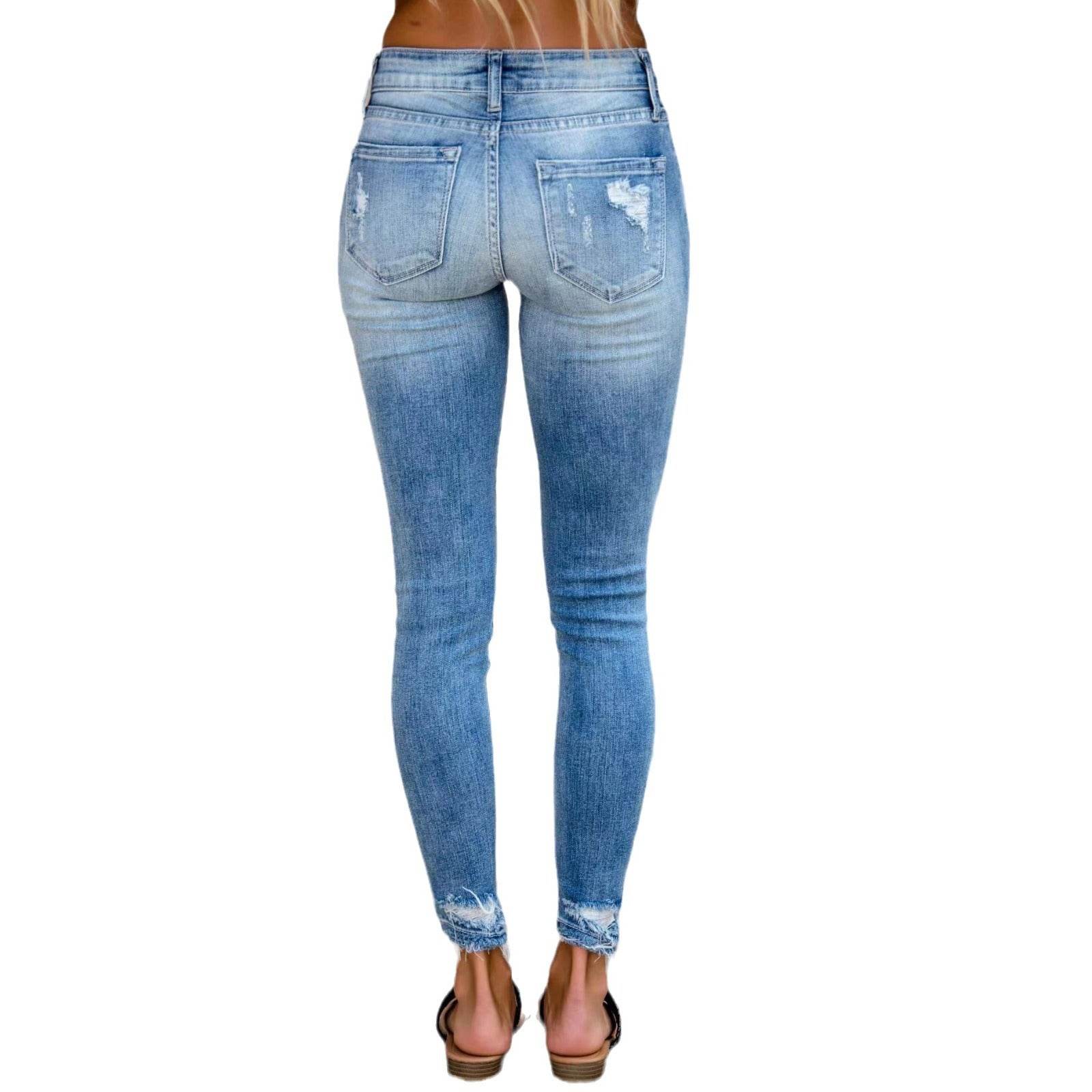 Women's Long Ripped Skinny Jeans - Mid-Waist Stylish Street Fashion - Buy Center