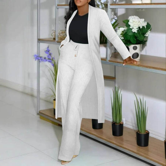 BuyCenter Stylish Two-Piece Set - Long Cardigan & Stripe Wide Leg Pants - Buy Center