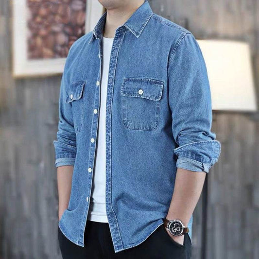 Buycenter Men's Loose Long Sleeve Denim Coat - Soft Cotton Autumn Shirt - Buy Center