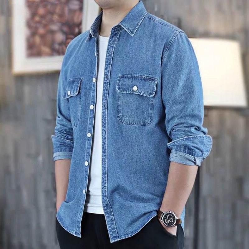 Buycenter Men's Loose Long Sleeve Denim Coat - Soft Cotton Autumn Shirt - Buy Center
