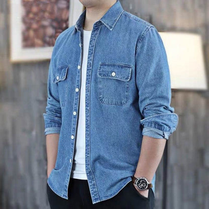 Buycenter Men's Loose Long Sleeve Denim Coat - Soft Cotton Autumn Shirt - Buy Center