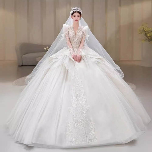Bride Main Yarn Long Sleeve Wedding Dress - French Retro Trailing Elegance - Buy Center
