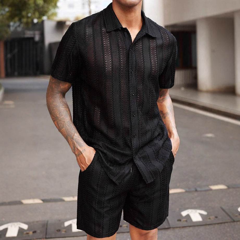 Men's Elegant Lace Translucent Short-Sleeved Shirt - Casual Cotton Blend - Buy Center