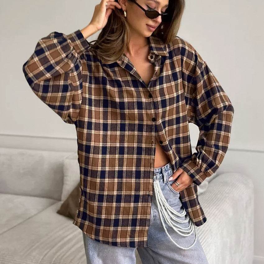 Fashion Plaid Shirt - Loose Fit Cotton Blouse for Effortless Style - Buy Center