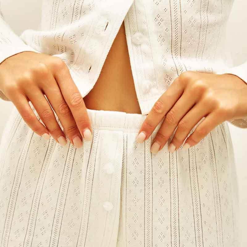 Long Sleeve White Hollow-Out Knitted Pajamas - Stylish & Comfortable Set - Buy Center