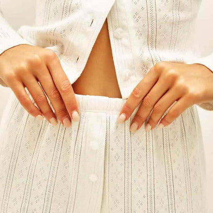 Long Sleeve White Hollow-Out Knitted Pajamas - Stylish & Comfortable Set - Buy Center