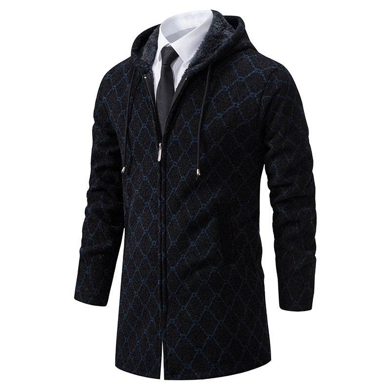 Stylish Men's Mid-Length Sweater Coat - Plaid Design with Removable Hood - Buy Center