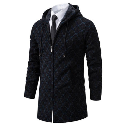 Stylish Men's Mid-Length Sweater Coat - Plaid Design with Removable Hood - Buy Center