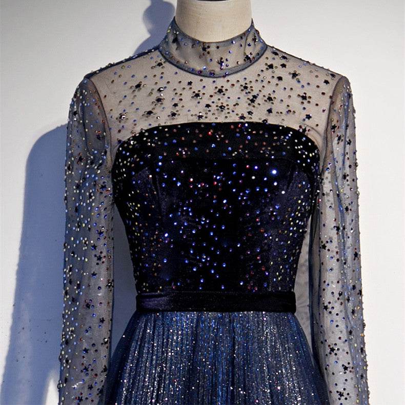 High-End Celebrity Long Tail Dress - Navy Blue Sequin Evening Gown - Buy Center