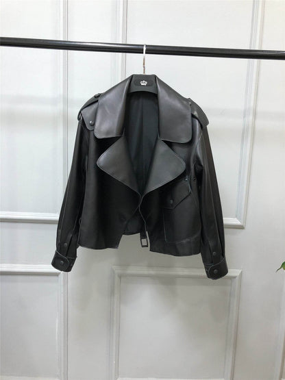 Women's Short Loose Black Sheepskin Jacket - Stylish & Comfortable Fit - Buy Center