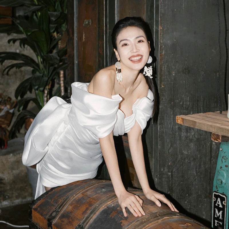 Elegant Short White Engagement Dress - High Waist & Flowing Long Skirt - Buy Center