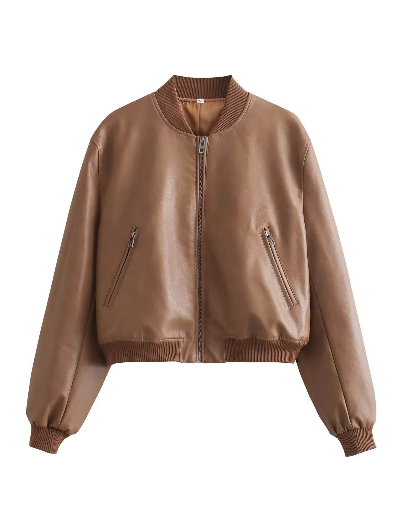 Women's Stand Collar Motorcycle Jacket - Premium Stylish Fur in Tan & Beige - Buy Center