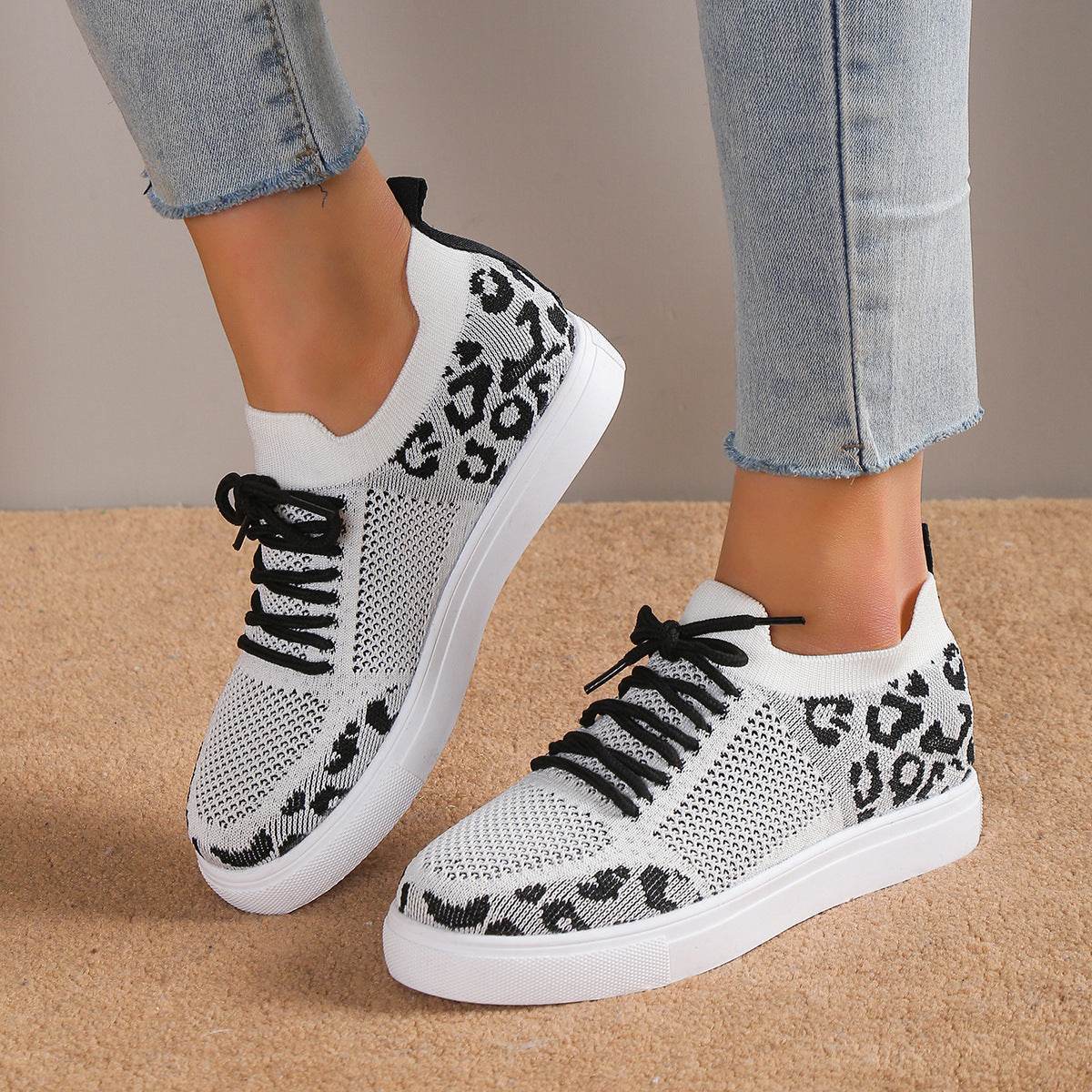 Buycenter Women's Casual Sports Flats - Leopard Print Flyknit Shoes - Buy Center