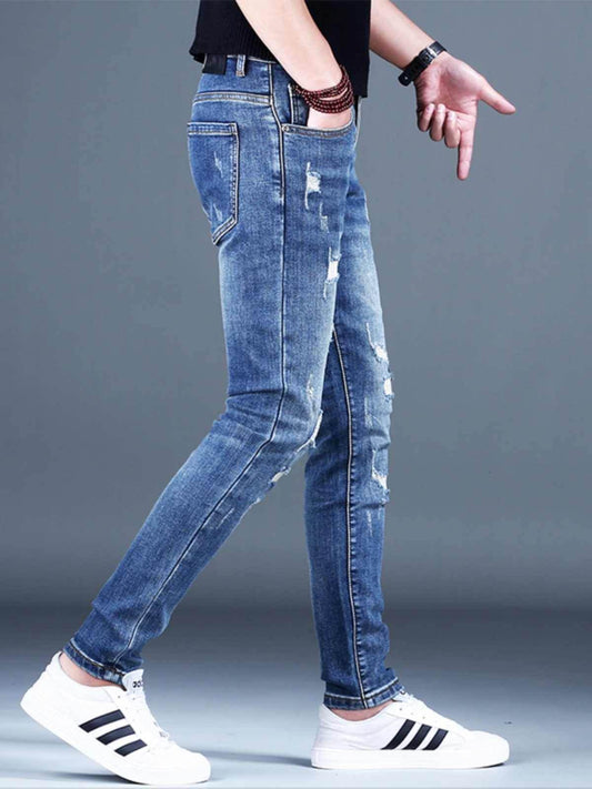 Ripped Fleece Padded Jeans for Men - Stretch Slim-Fit Casual Style - Buy Center