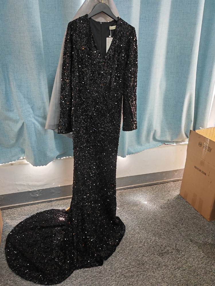 Grey Long Sleeve Sequin Evening Dress - Elegant Prom Gown for Women - Buy Center