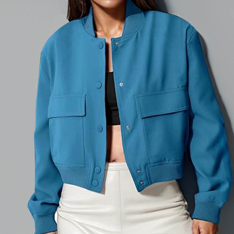 Buycenter Women's Jacket Coat - Stand Collar, Large Pocket, Short Length - Buy Center