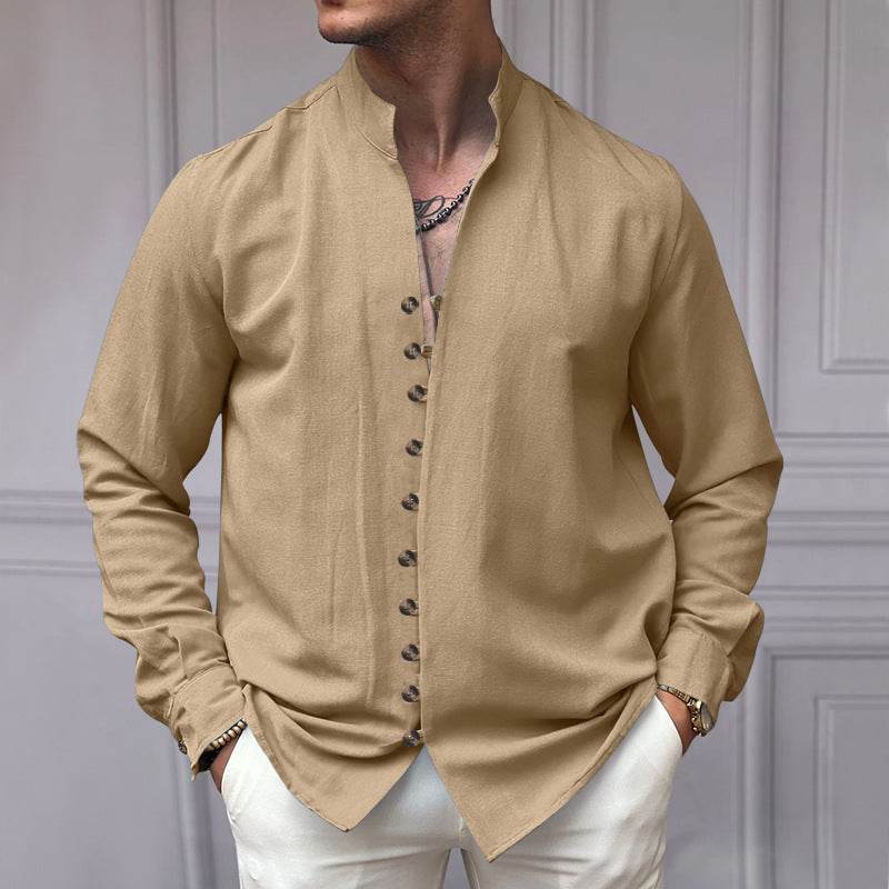 Buycenter Men's Casual Loose Linen Shirt - Ethnic Style, Long Sleeve - Buy Center