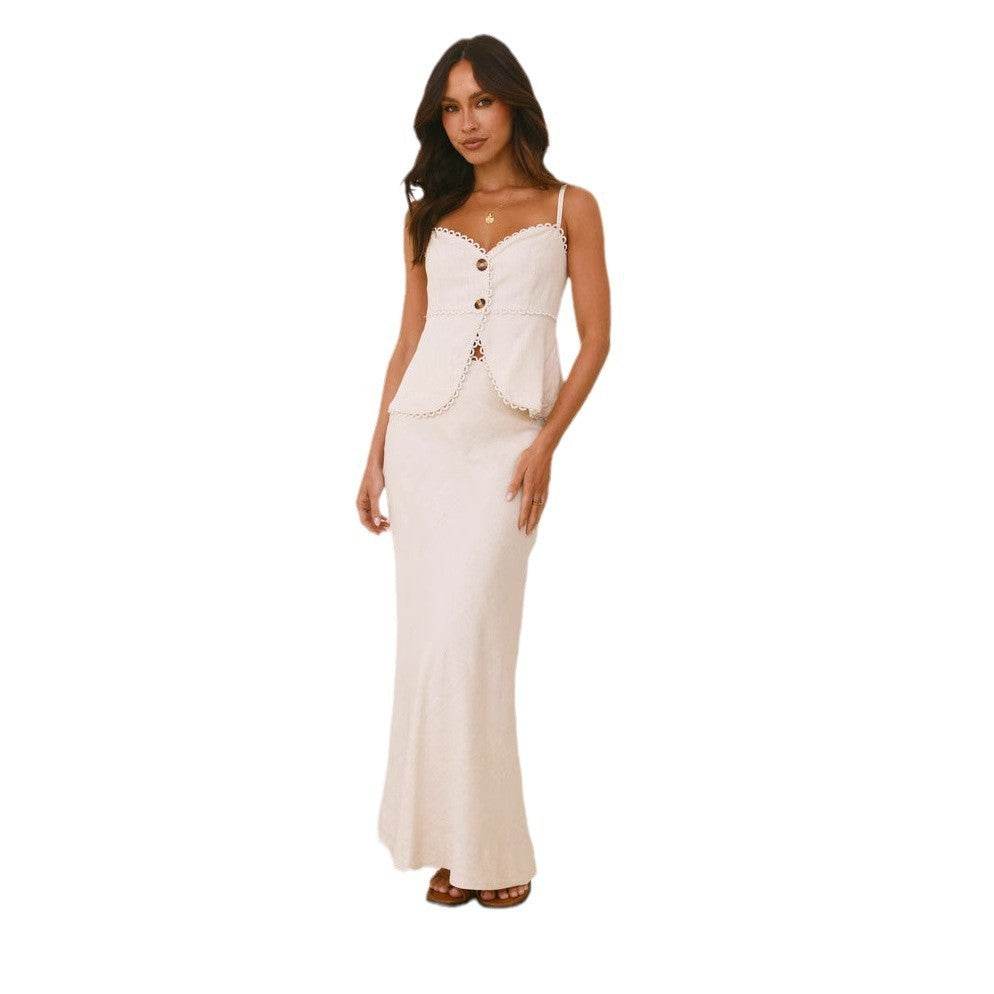 Stylish Button Sleeveless Overall Dress Set - Fashionable Mid-Length Skirt - Buy Center