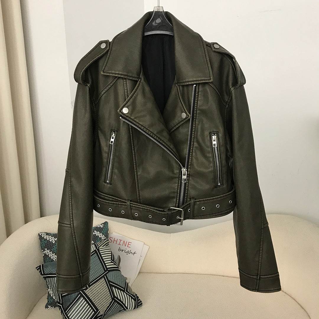 Women's Two-Color Washed Leather Motorcycle Jacket - Slim Fit Stylish Coat - Buy Center