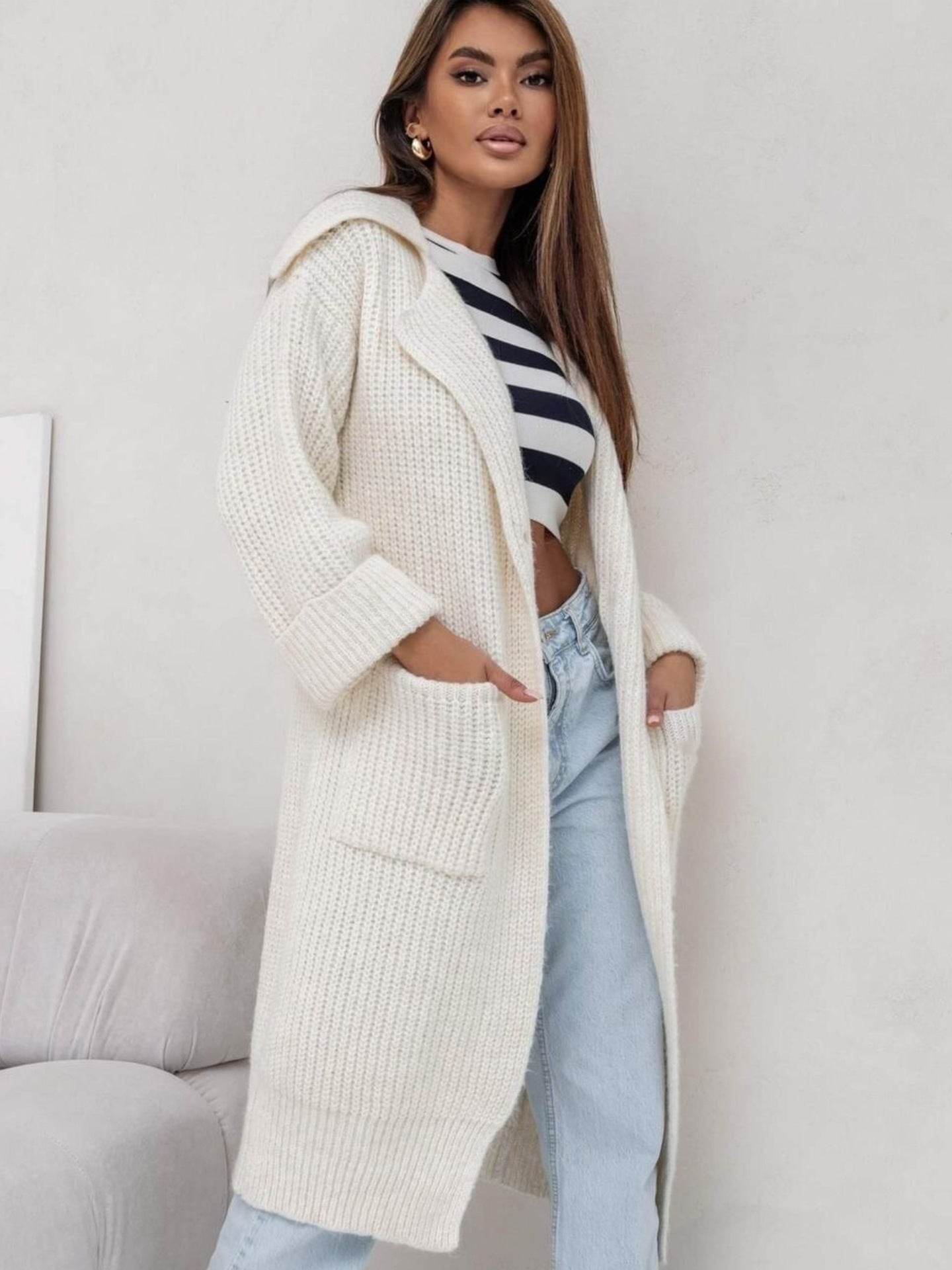 Buycenter Women's Mid-Length Knitted Cardigan - Padded, Pocket Style - Buy Center