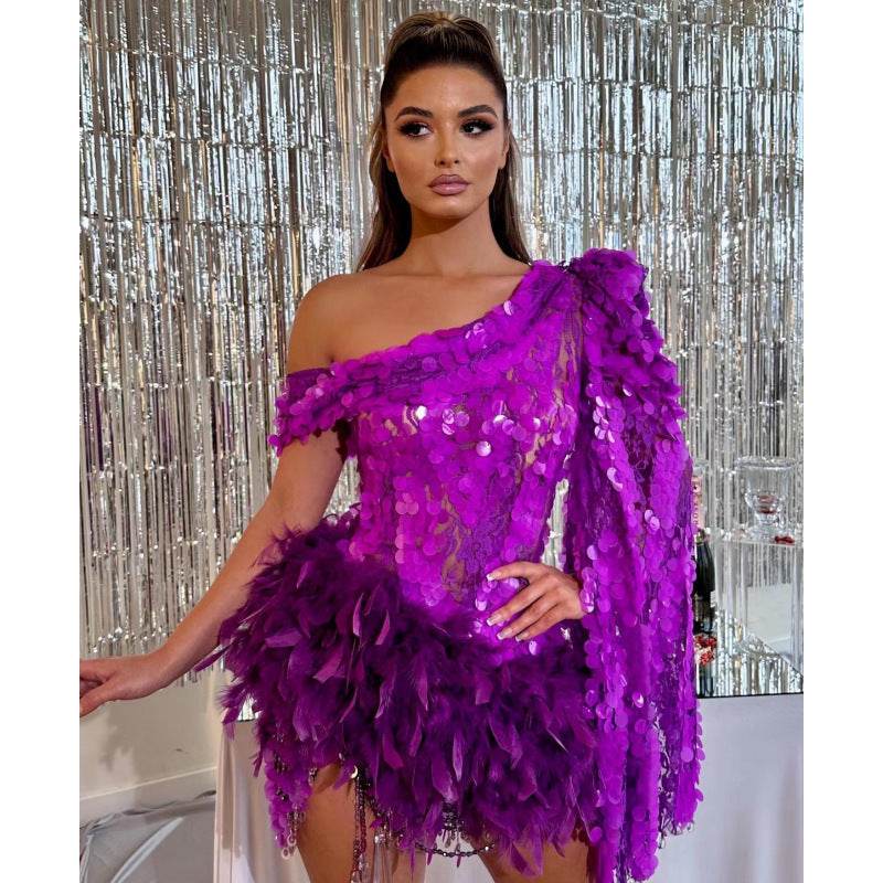 Luxury Purple Sequined Feather Skirt Dress - One-Shoulder Cocktail Glamour - Buy Center