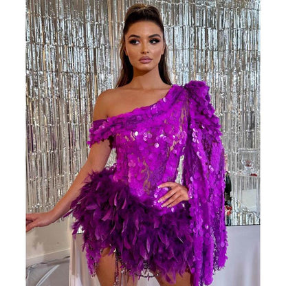 Luxury Purple Sequined Feather Skirt Dress - One-Shoulder Cocktail Glamour - Buy Center