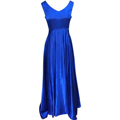 Deep V Neck Backless Satin Prom Dress - Elegant Bow Evening Gown - Buy Center