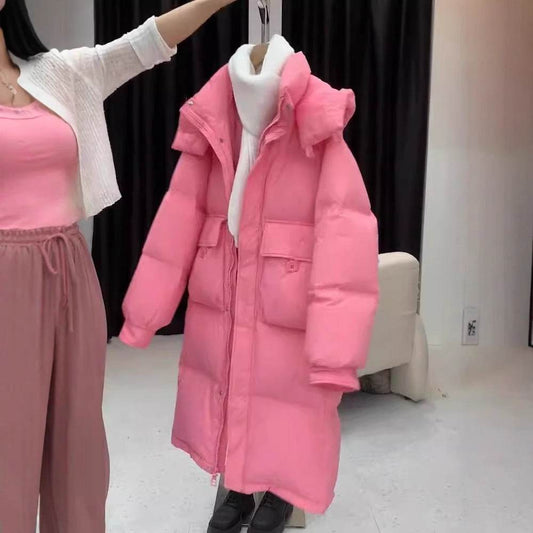 Women's Thickened Hooded Jacket - Stylish Cotton-Padded Mid-Length Pink - Buy Center