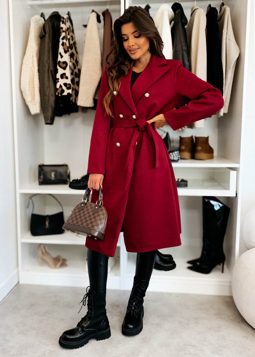 Stylish Double-Breasted Woolen Coat for Women - Trendy Lace-Up Design - Buy Center